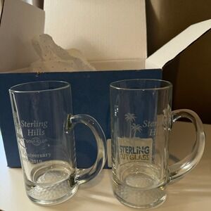 Sterling Hills Golf Club 20th Anniversary Glass Mugs‎ Set of 2 Golf Ball Base